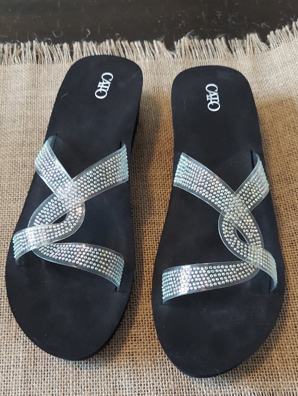 Women's Black Slide Sandals with Iridescent Rhinestone Straps